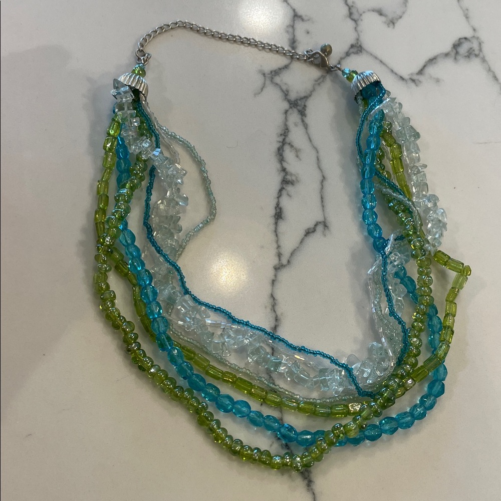 Glass Beaded Multi Strand Blue Green White Necklace